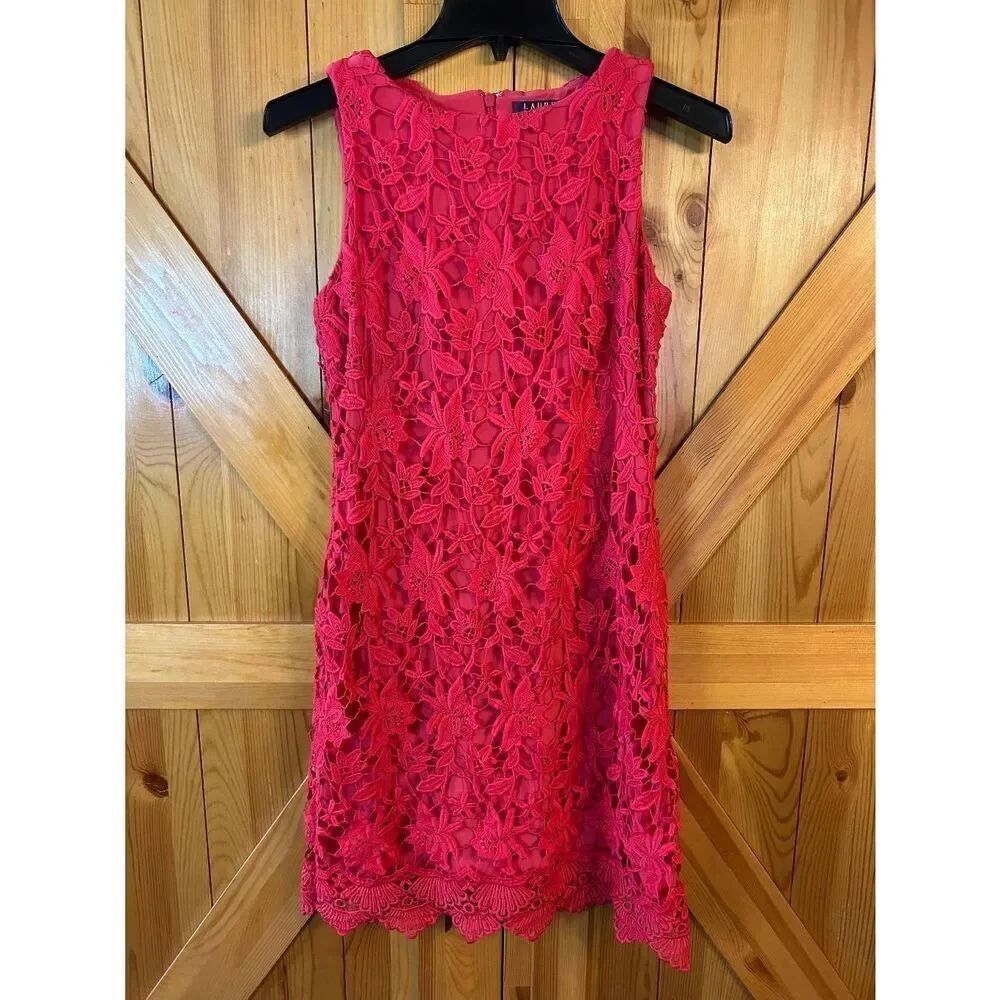 Lauren Ralph Lauren Womens Coral Floral Lace Sleeveless Sheath Dress Size 4 (896